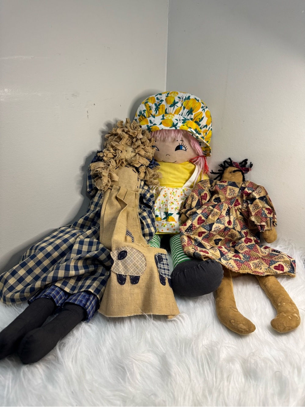 1960Handmade Vintage Fabric Rag Doll Trio - Yellow Floral Hat, Plaid & Patchwork